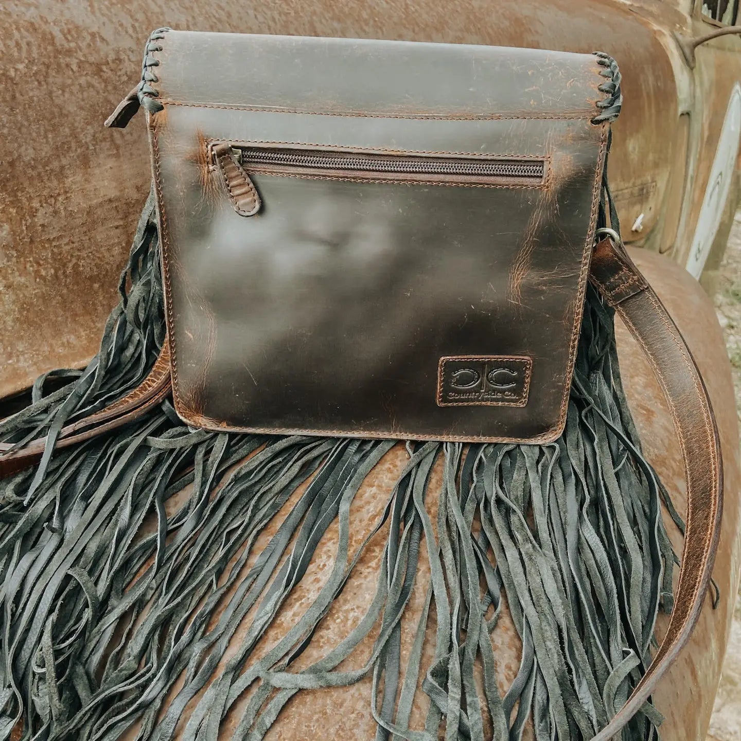 Boot Stitched Antiqued Leather Western Fringe Purse