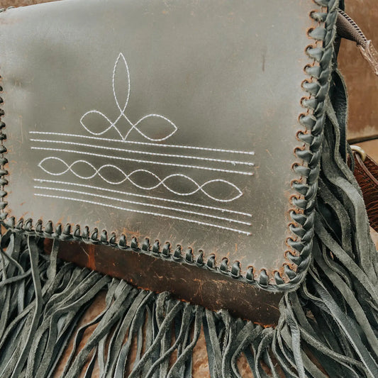 Boot Stitched Antiqued Leather Western Fringe Purse