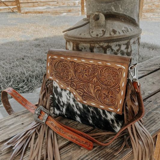 Cowhide Western Tooled Leather Fringe Crossbody Purse