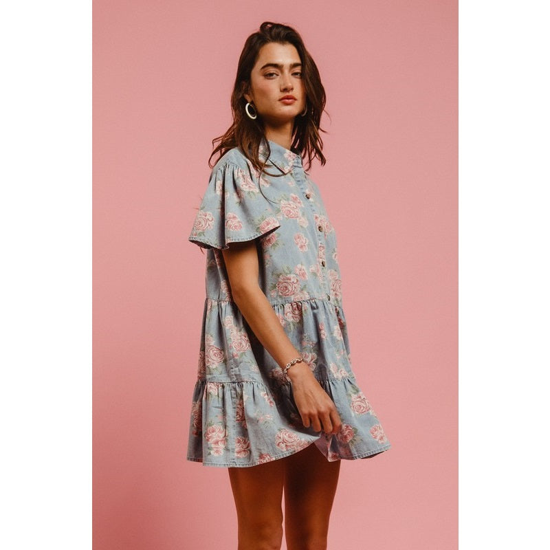 Floral Print Washed Lightweight Tiered Shirt Dress