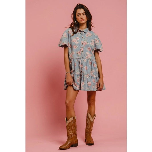 Floral Print Washed Lightweight Tiered Shirt Dress