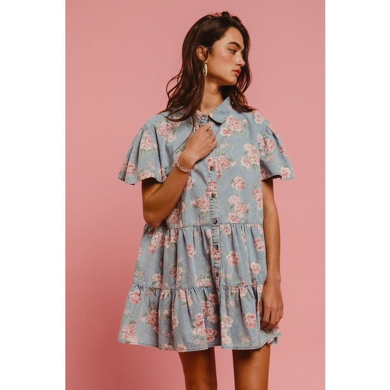 Floral Print Washed Lightweight Tiered Shirt Dress